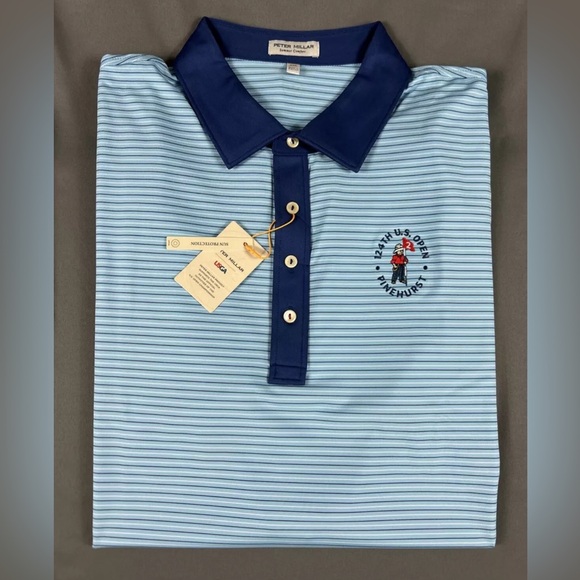Peter Millar Golf Shirt Polo Pinehurst US Open Logo XXL Blue Striped Polyester